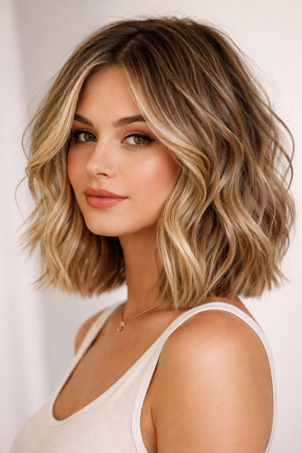 Close-up of a blunt lob with chunky layers and waves framing the jawline.