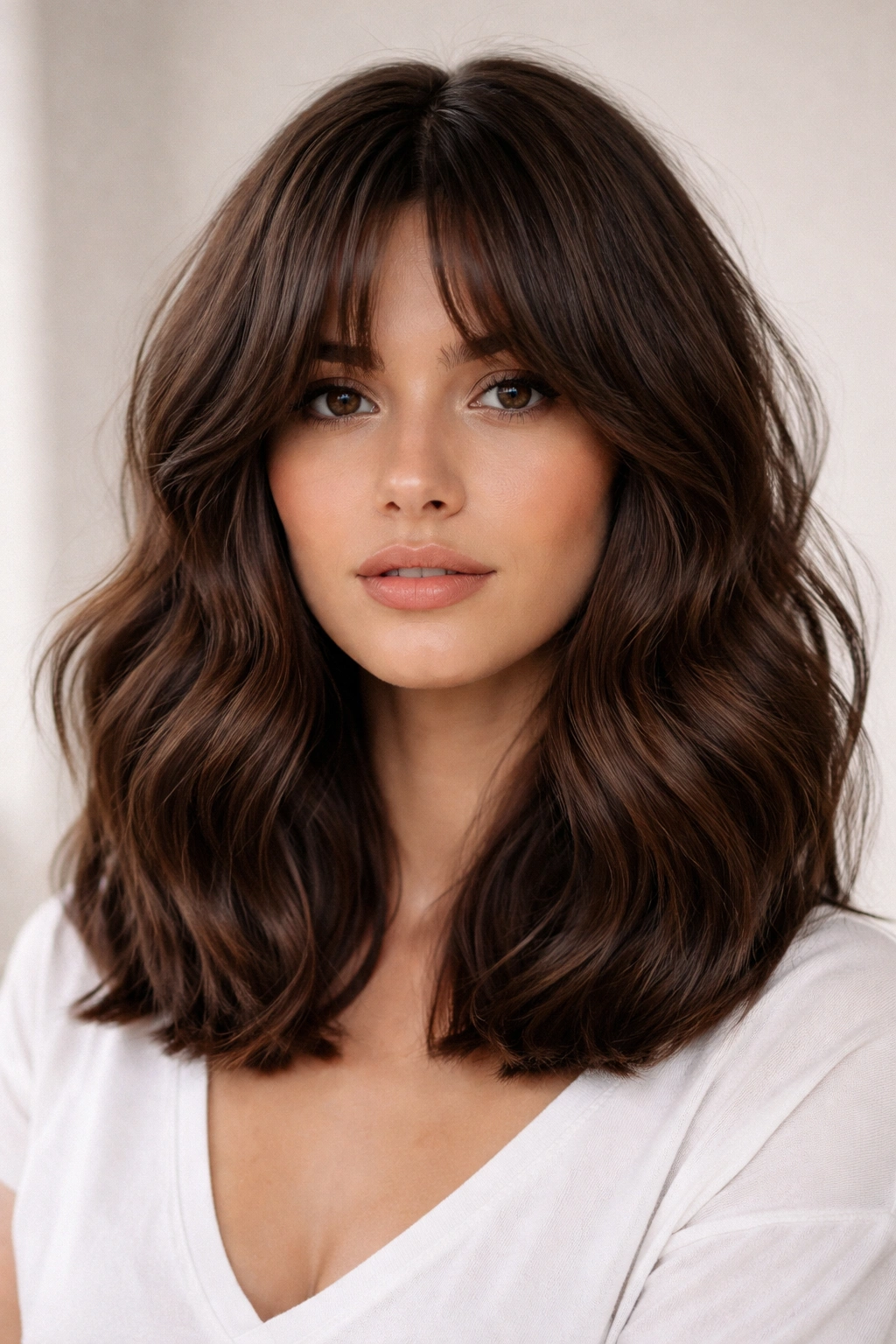 Blunt long bob with curtain bangs on thick wavy hair