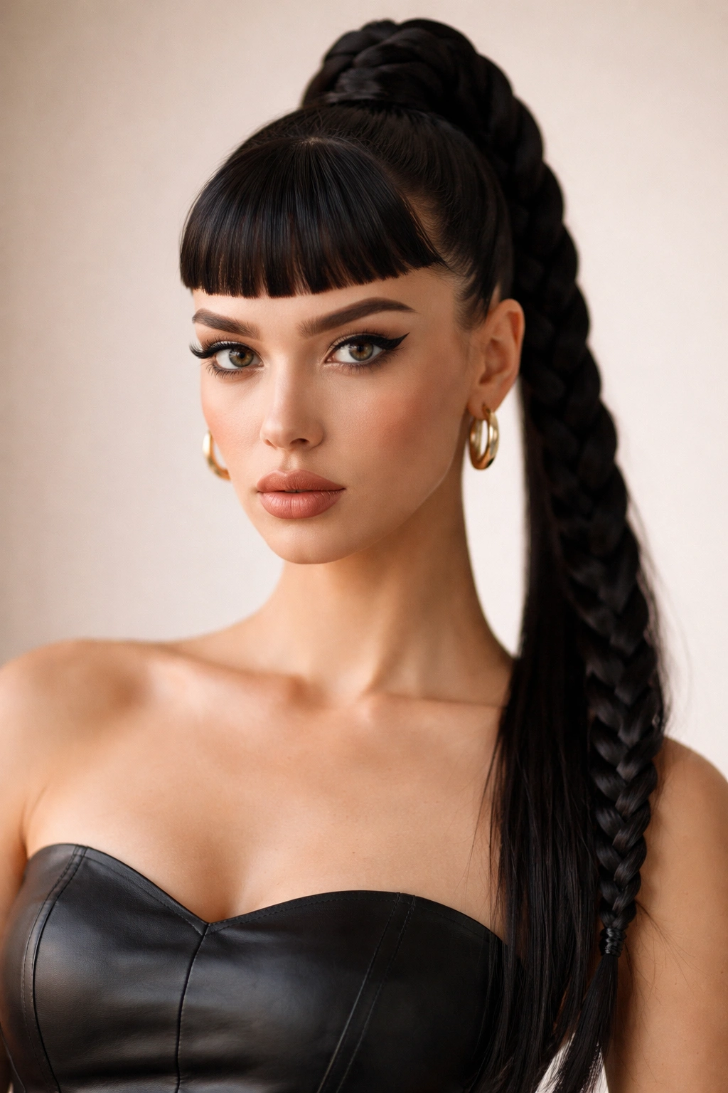Front view of blunt micro bangs with a high braided pony.