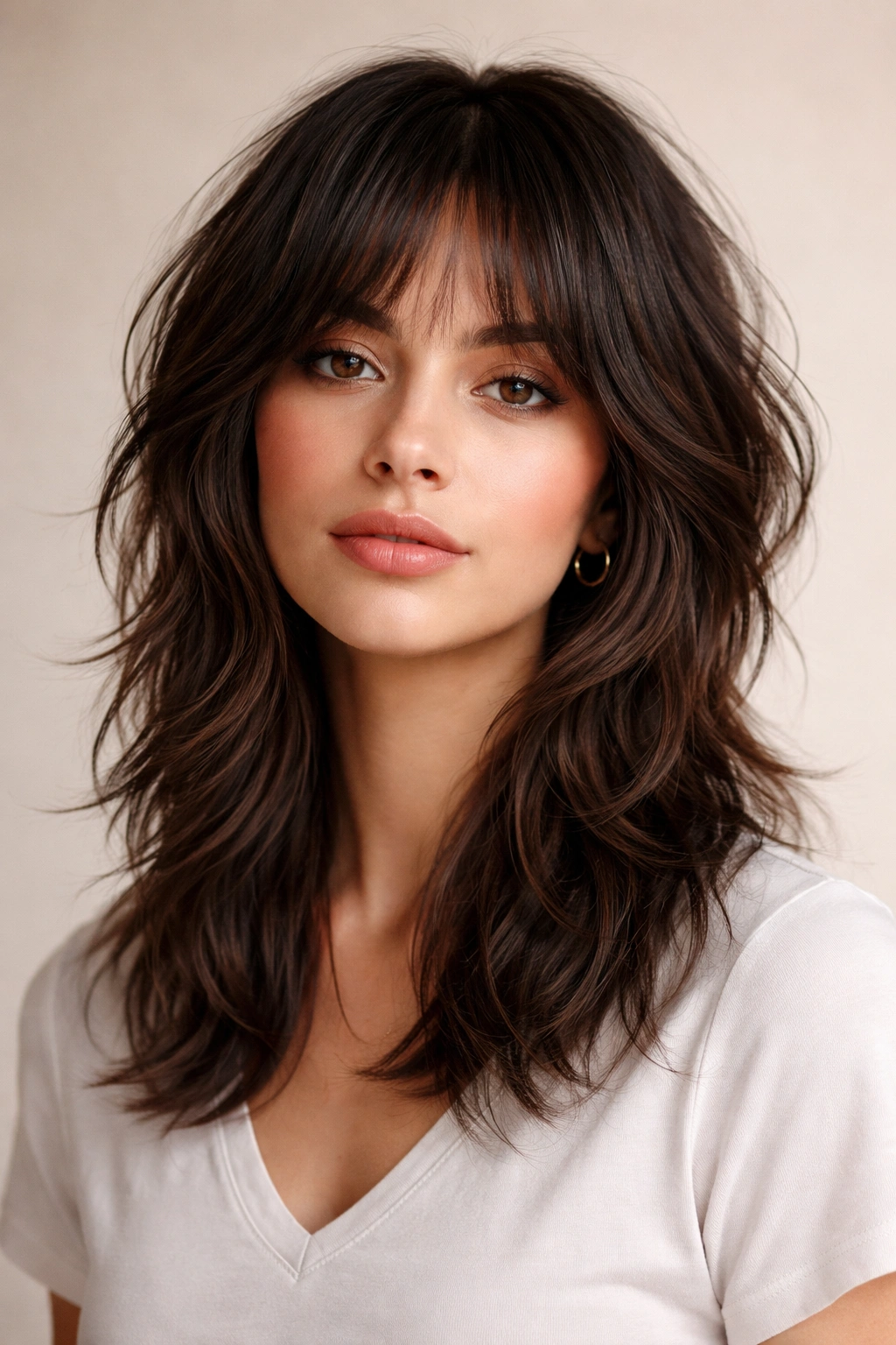 Portrait of a model with a blunt midline wolf cut and choppy layers at collarbone length.
