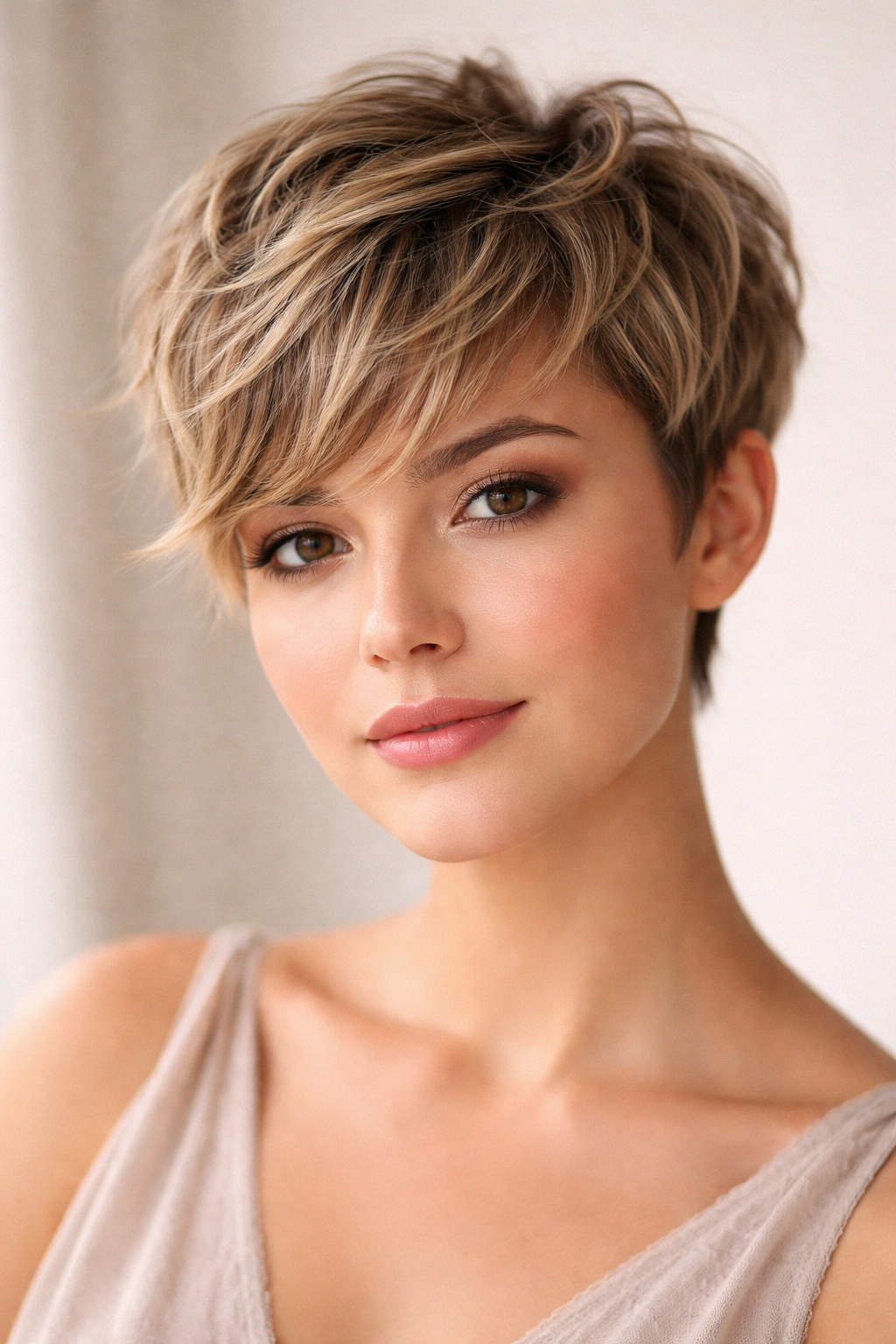 Close-up of blunt pixie with feathered waves showing dimensional texture
