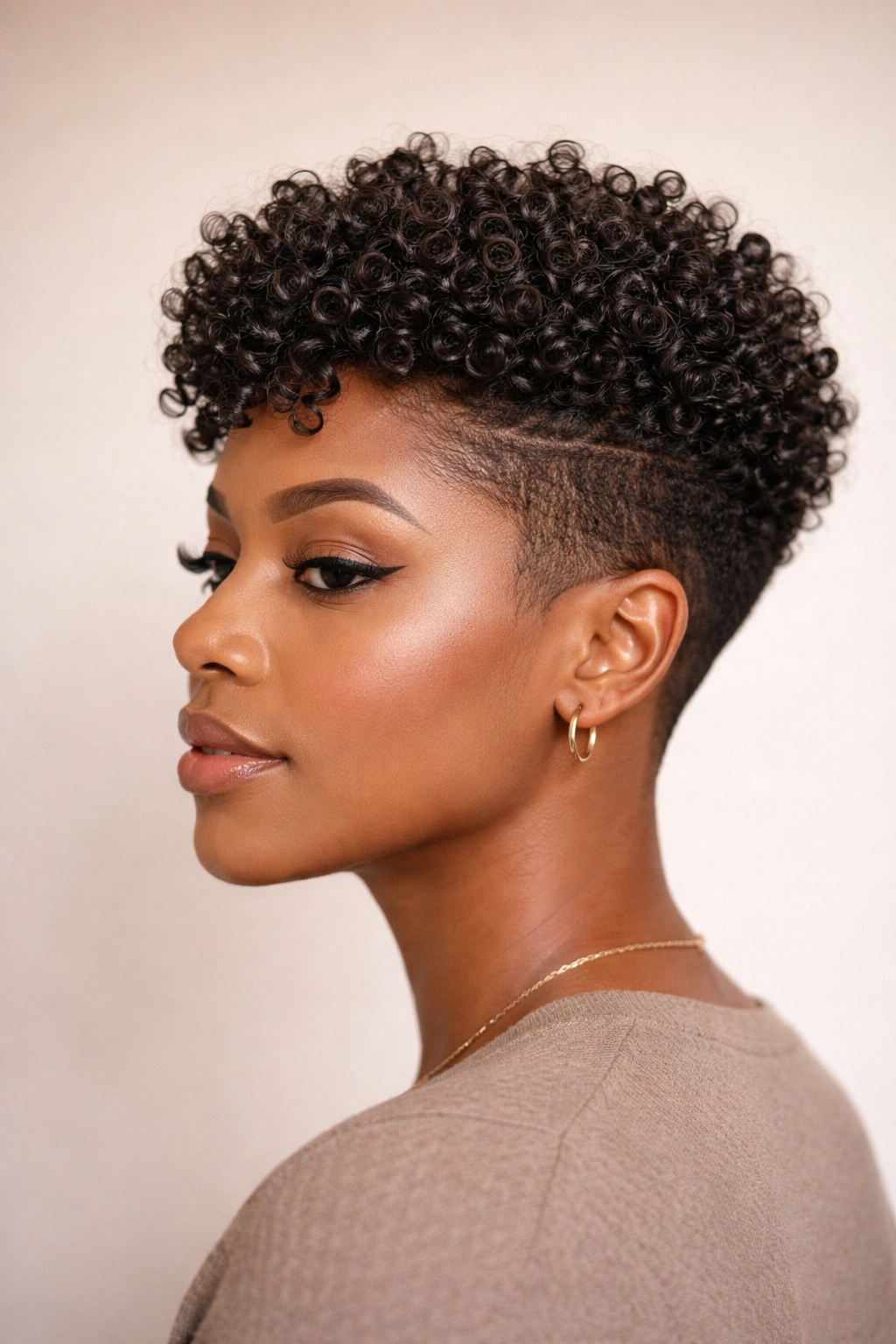 Profile view showing blunt taper and clearly defined curls on top