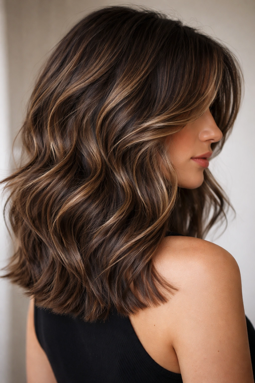 Close-up of blunt textured ends in a wavy butterfly-cut hairstyle