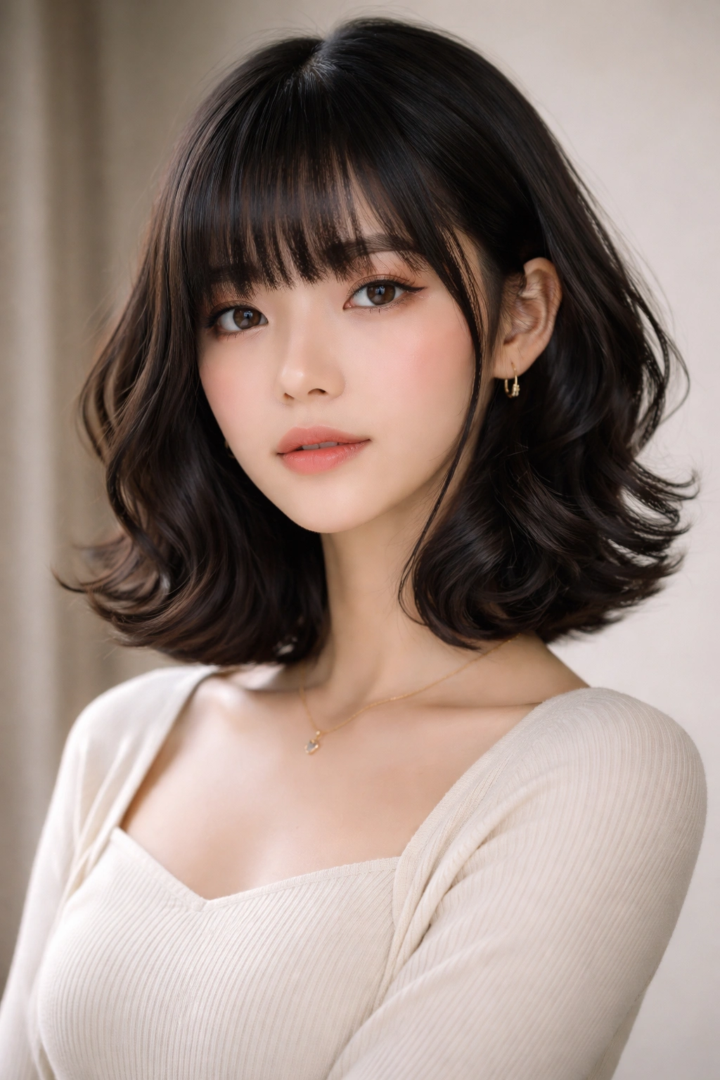 Portrait of a person with blunt wave hime hairstyle featuring blunt bangs and crisp sidelocks