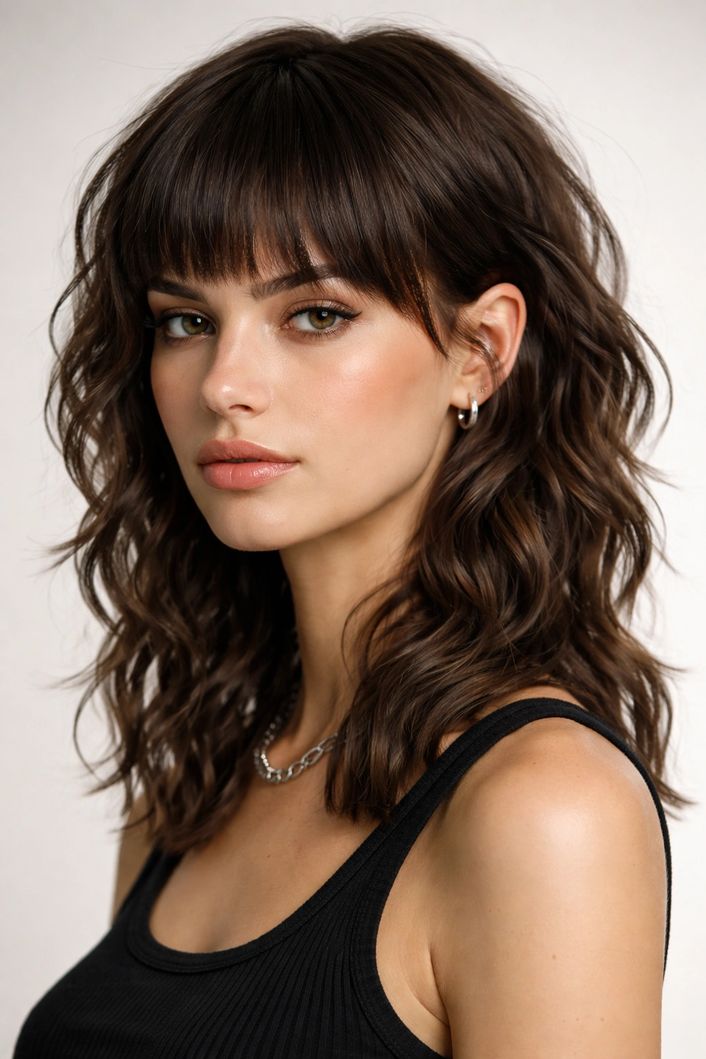 Portrait of a person with blunt-edged waves mullet and clear silhouette