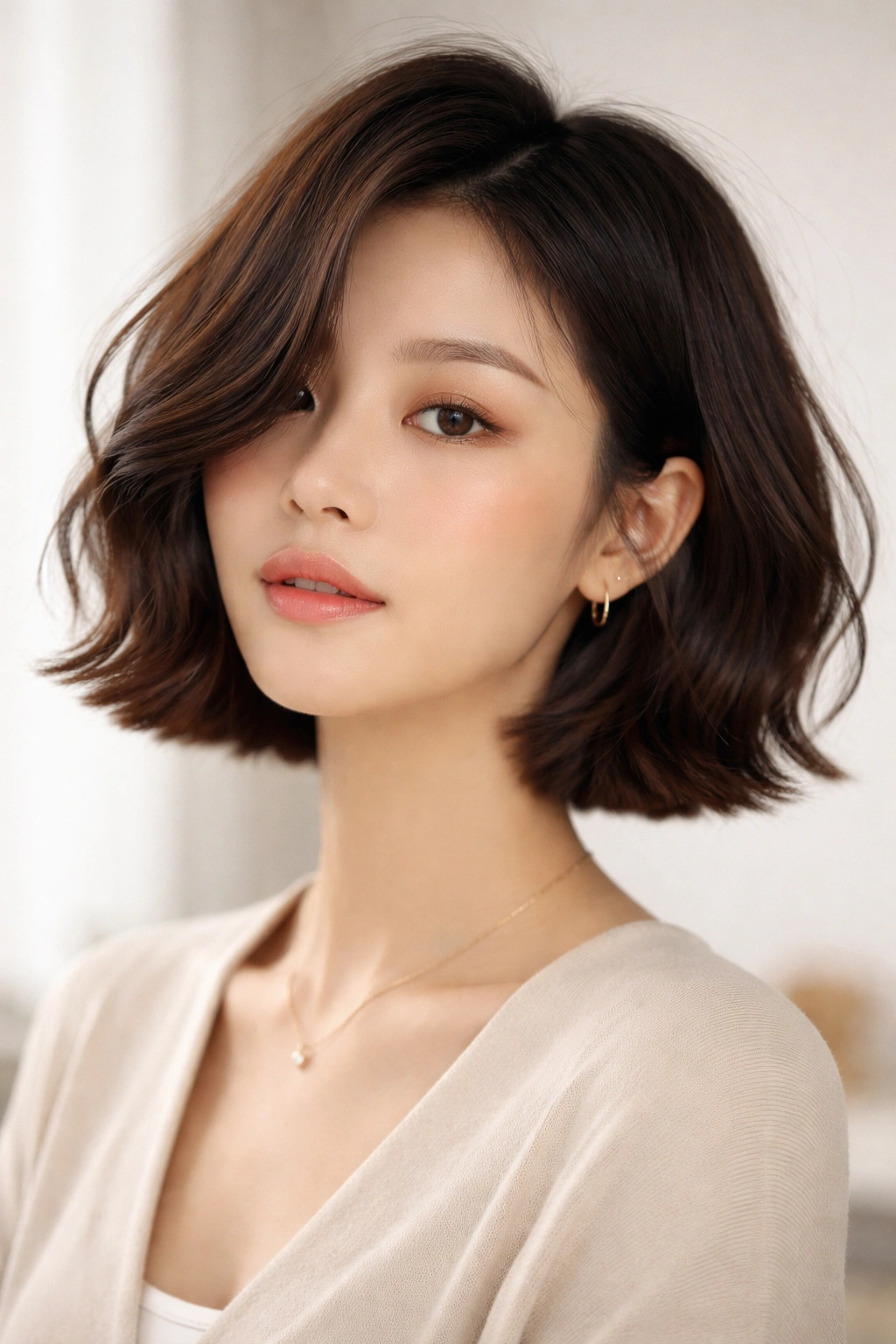 Close-up of a blunt wavy bob with a side part and glossy texture