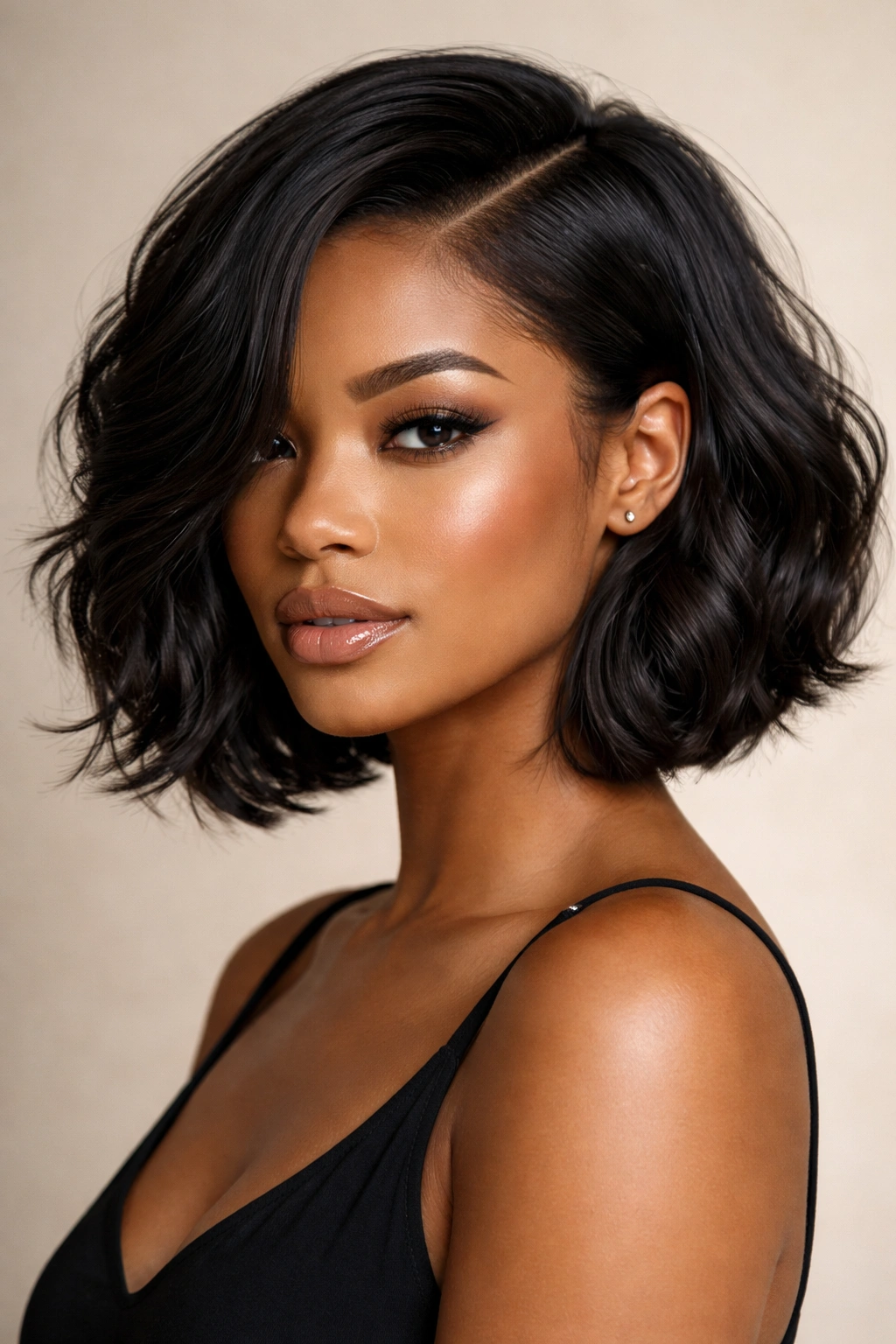 Chin-length wavy bob with a deep side part and blunt line