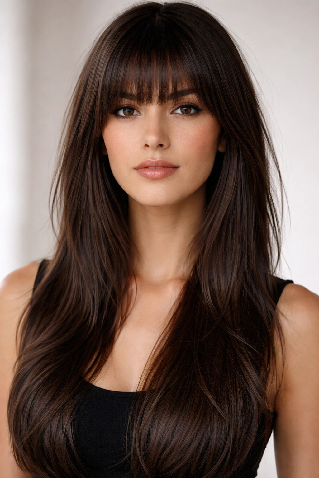 Close-up of blunt-cut textured bangs with long hair underneath in a studio portrait.