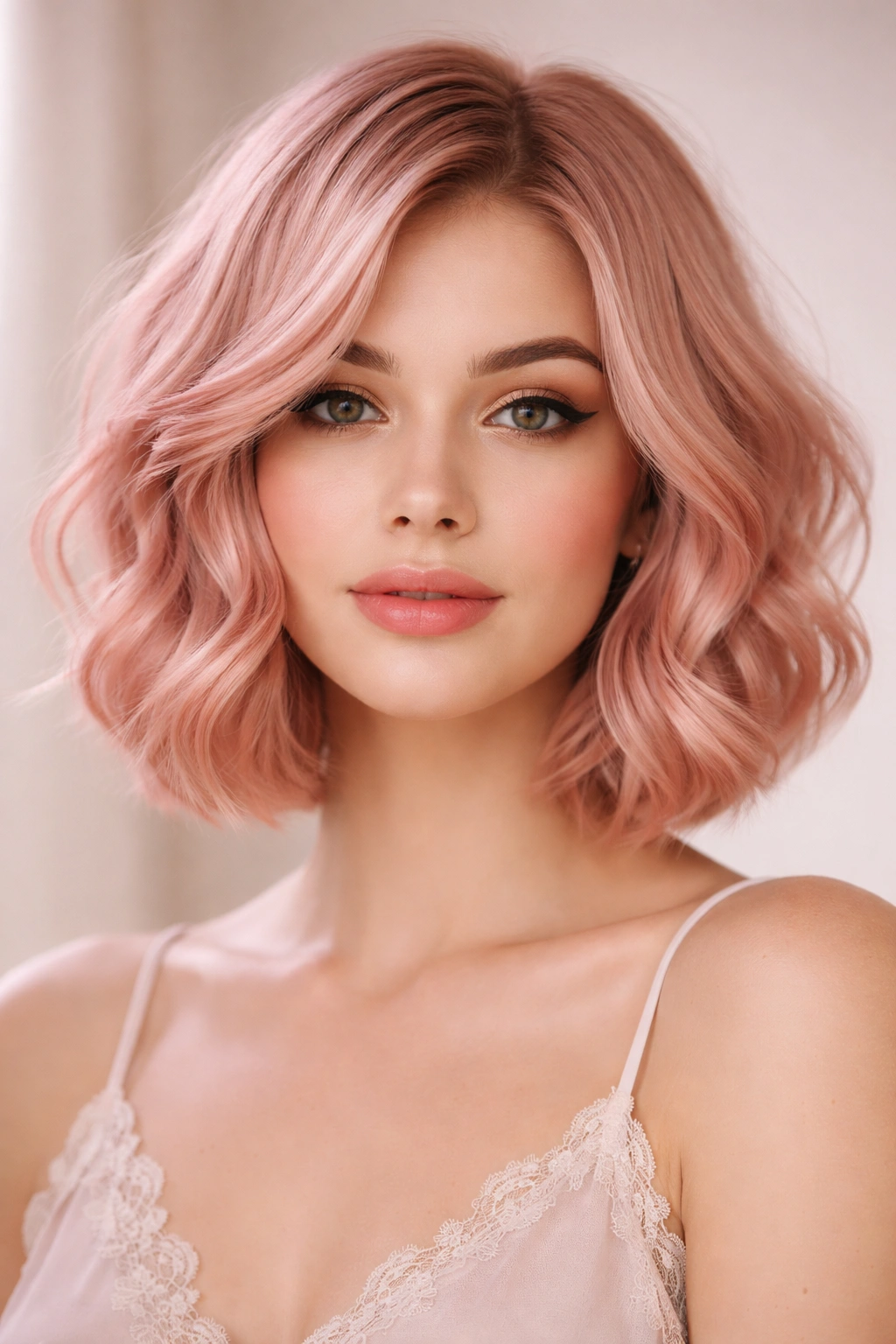 Blush pink wavy bob with face-framing waves