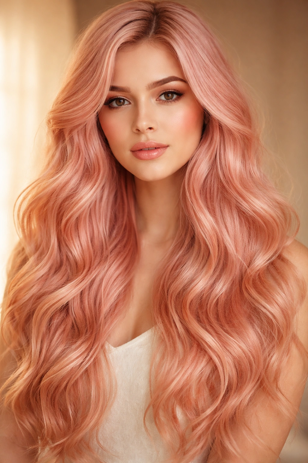 Blush pink hair with peach undertones in long waves