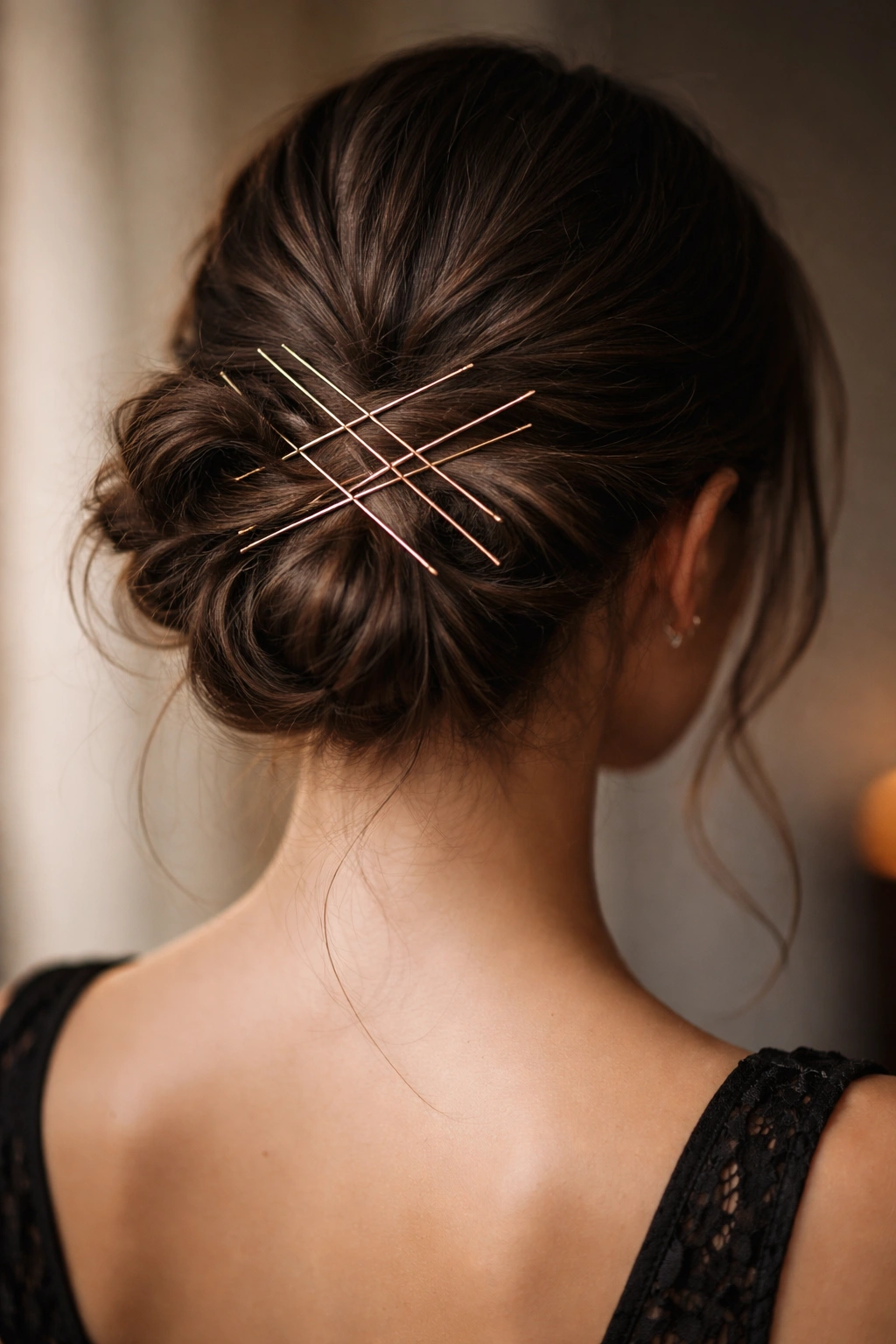 Close-up of a low bun with geometric arrangement of metallic bobby pins at the back.