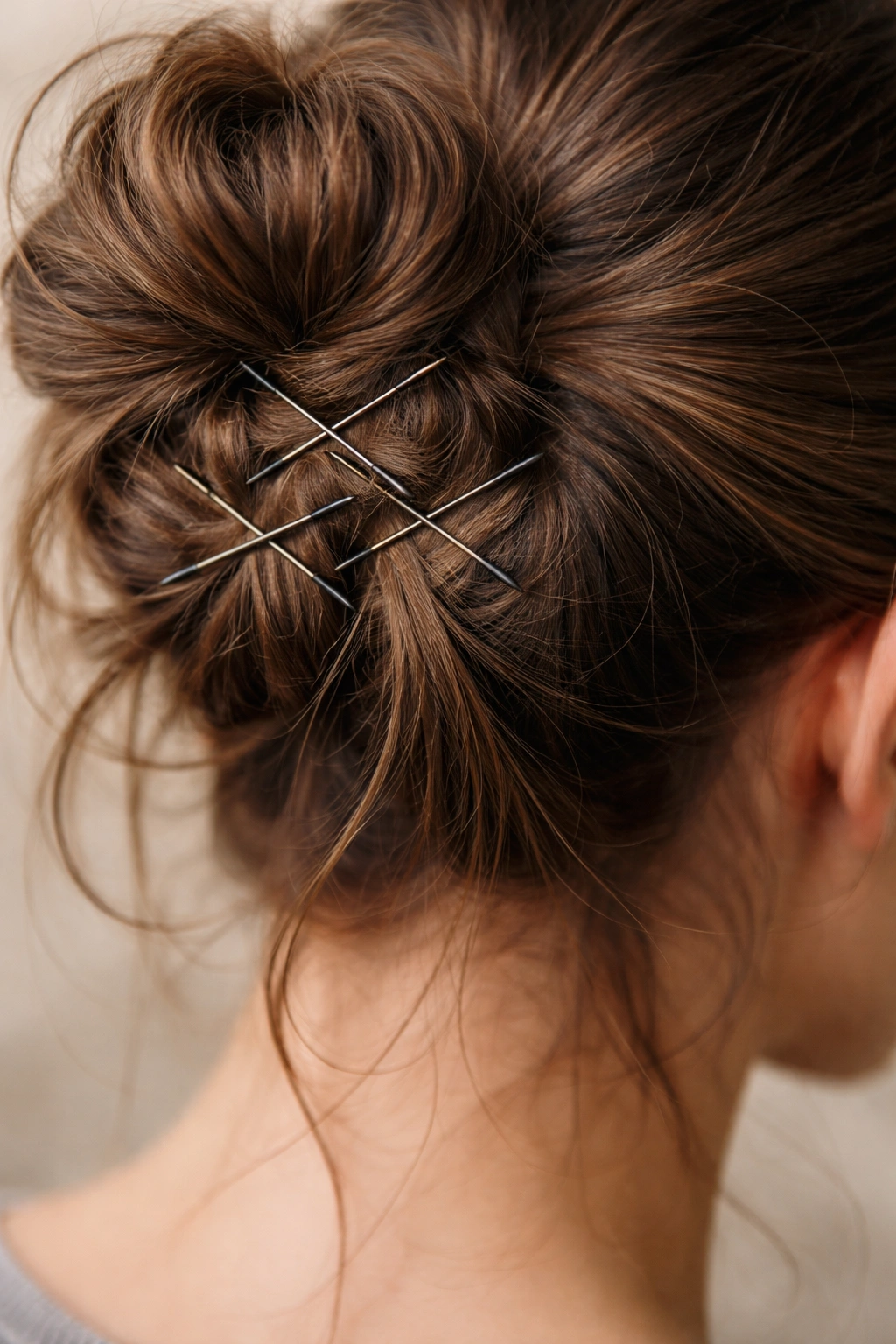 Close-up of bobby pins forming an X over a bun