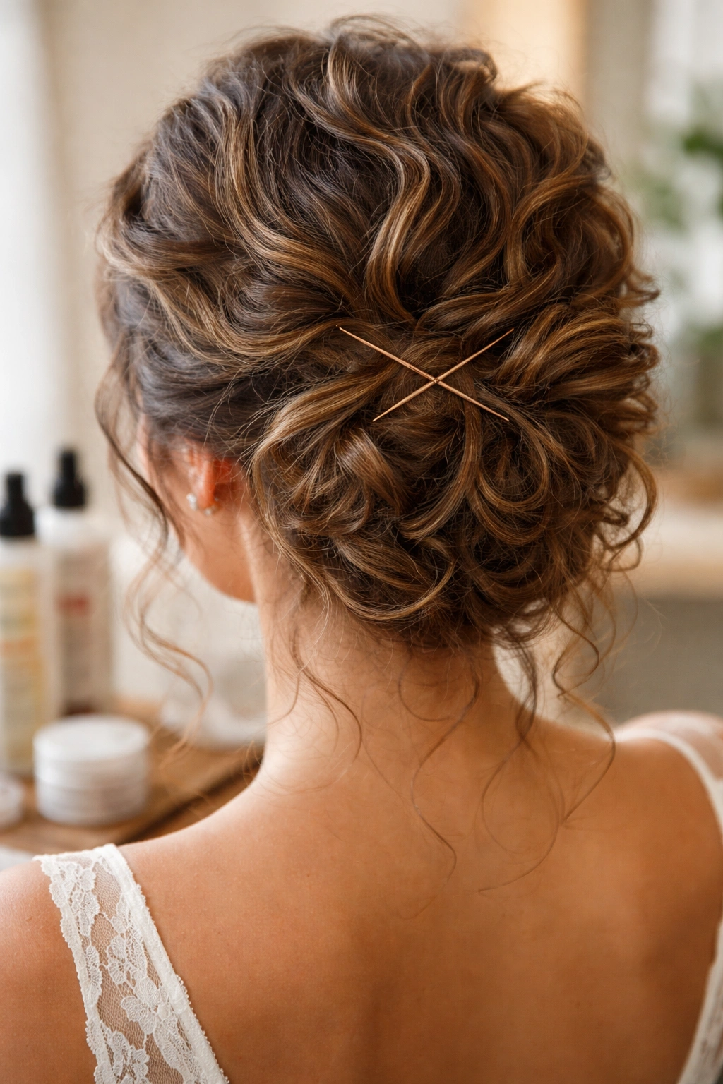 Curly wedding bun secured with crisscrossed bobby pins in an X pattern