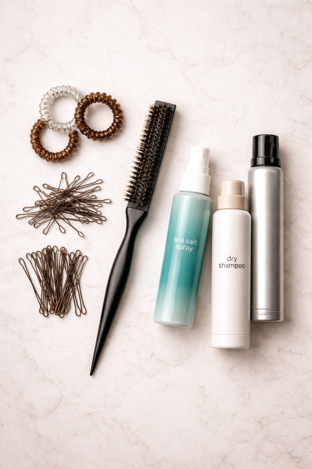 Flat lay of hair styling tools and products for a messy bun.