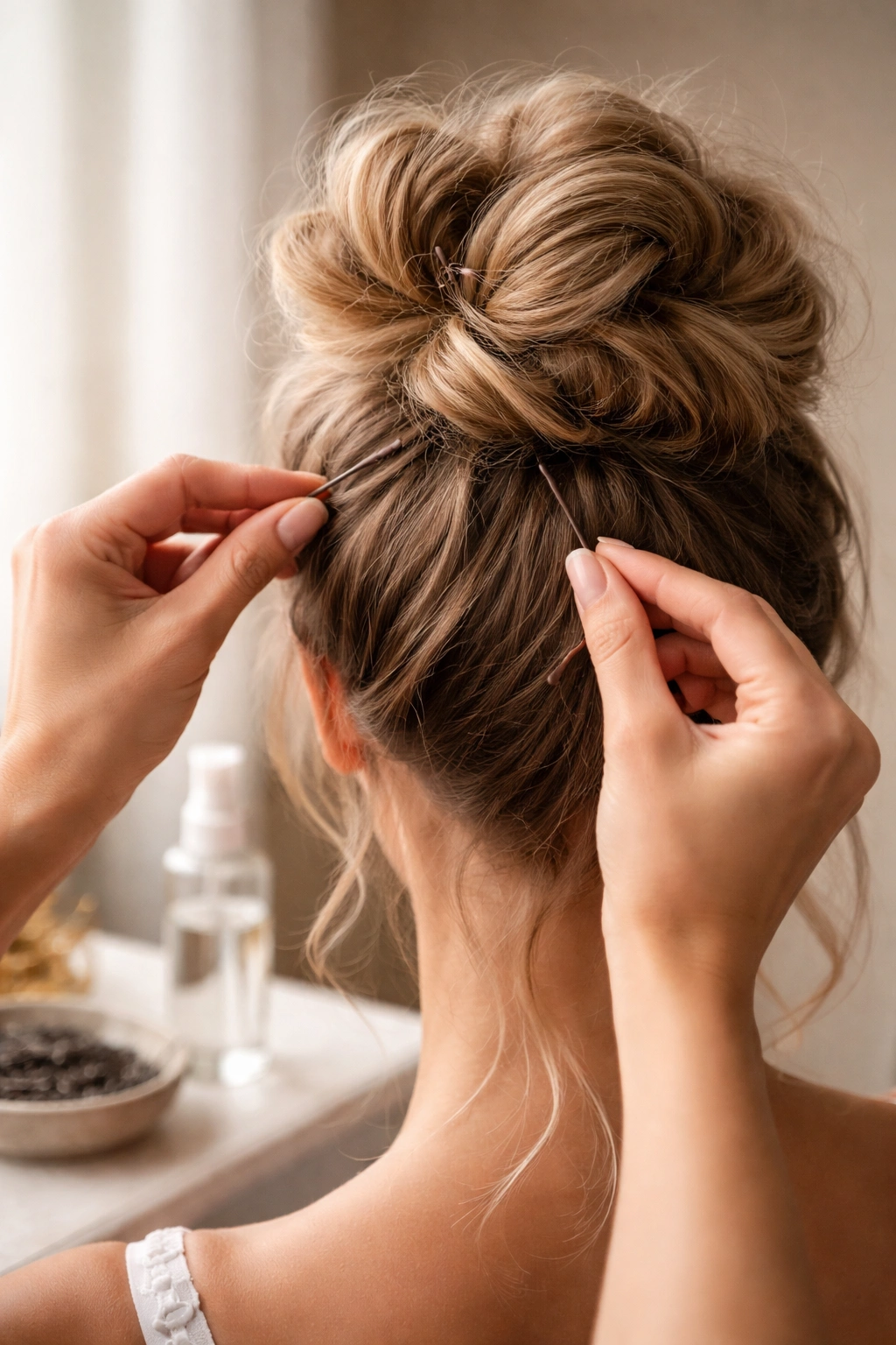 Hands inserting bobby pins into a secure messy bun for long wear
