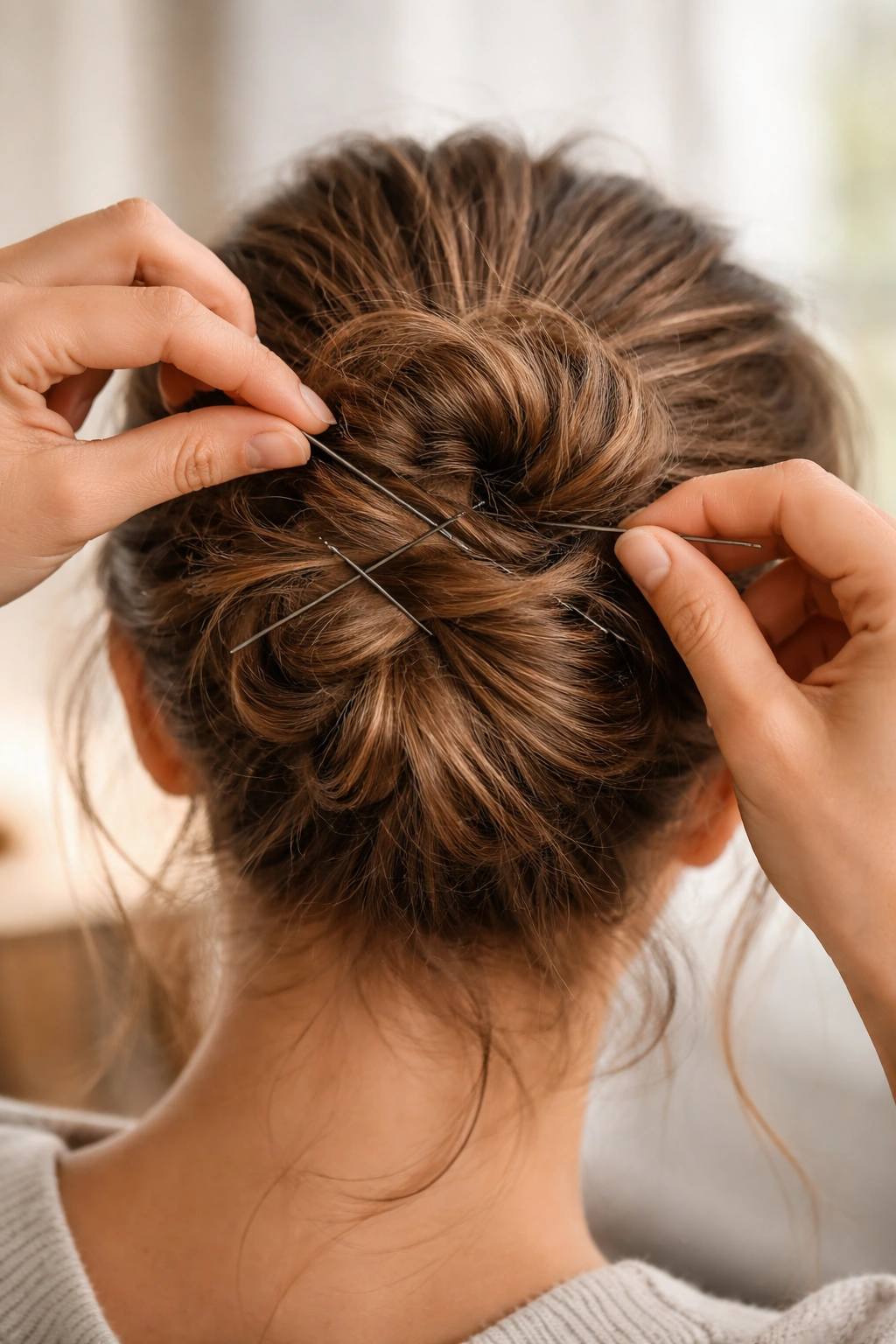 Hands pinning a bun with multiple bobby pins for maximum hold