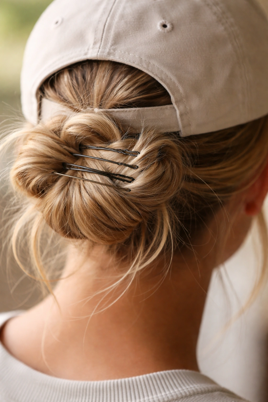 Bun with horizontal bobby pins across the base