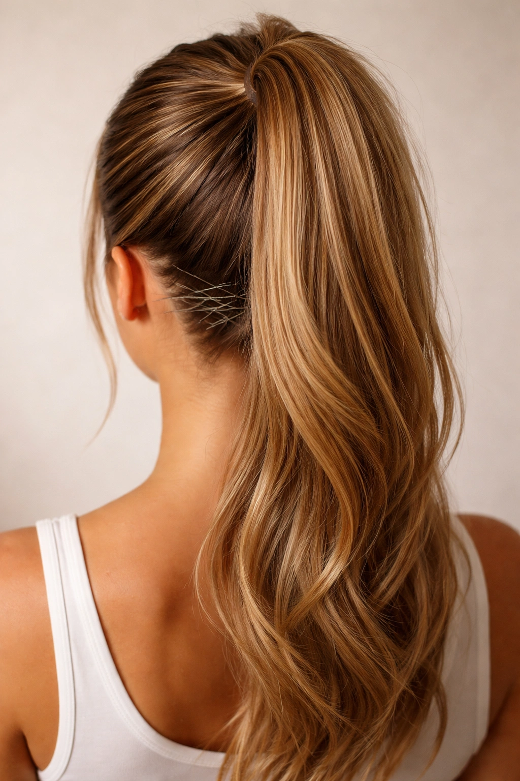 Back view of a high ponytail pinned to the scalp with multiple bobby pins