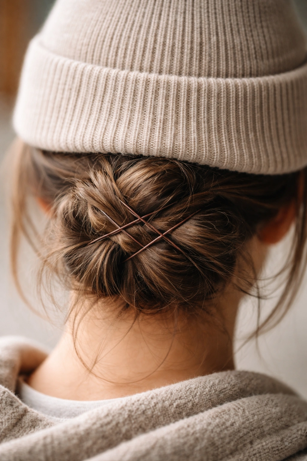 Low bun secured with crisscross bobby pins under a hat