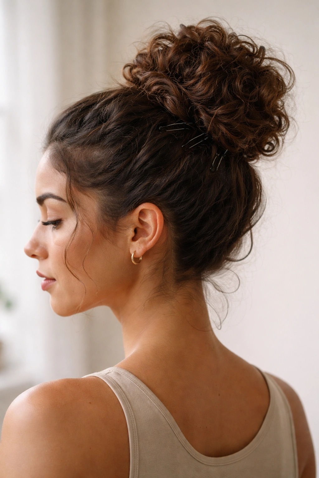 Tidy high bun secured with multiple bobby pins
