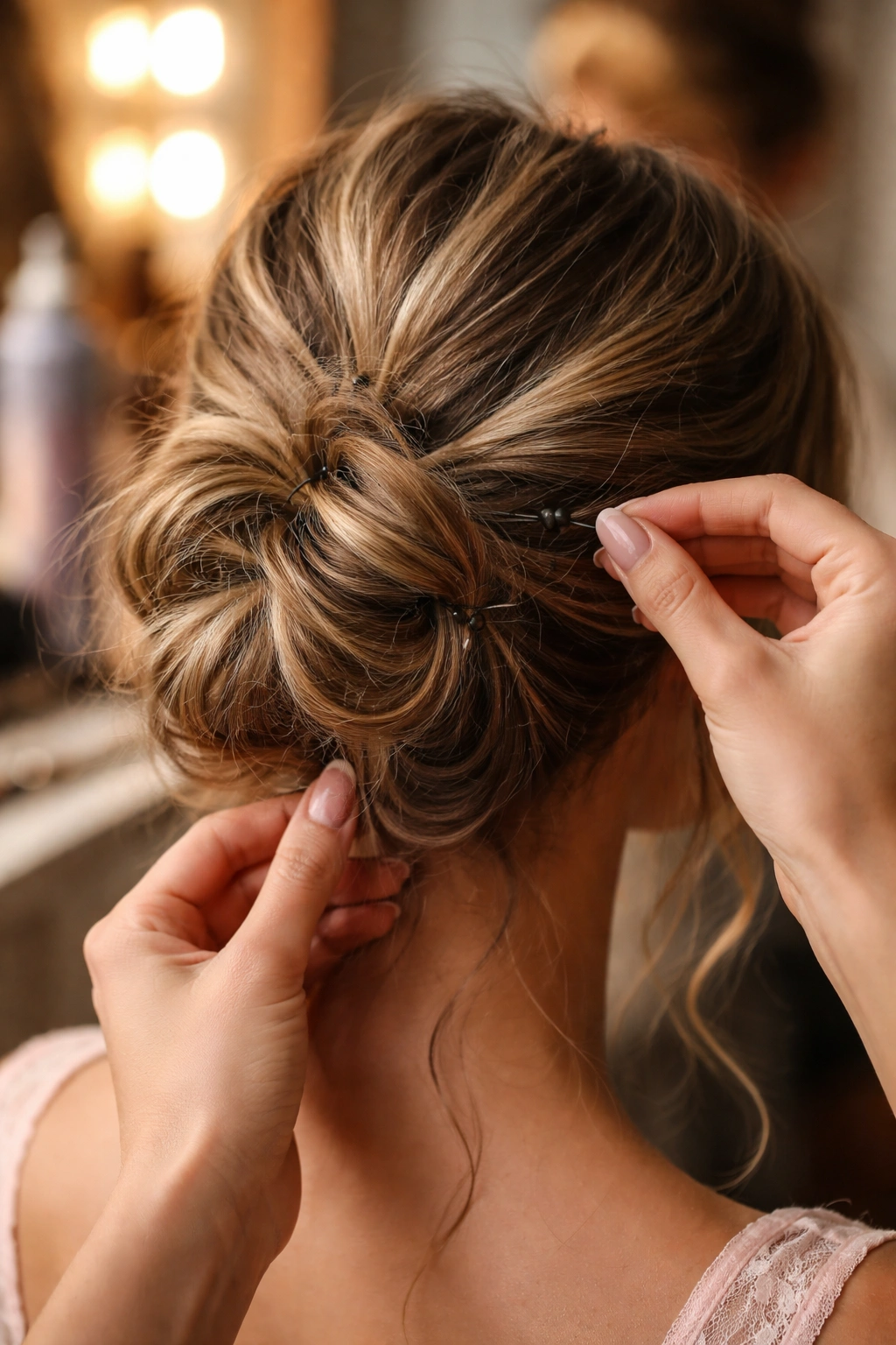 Hands placing bobby pins into a bridesmaid bun for touch-ups