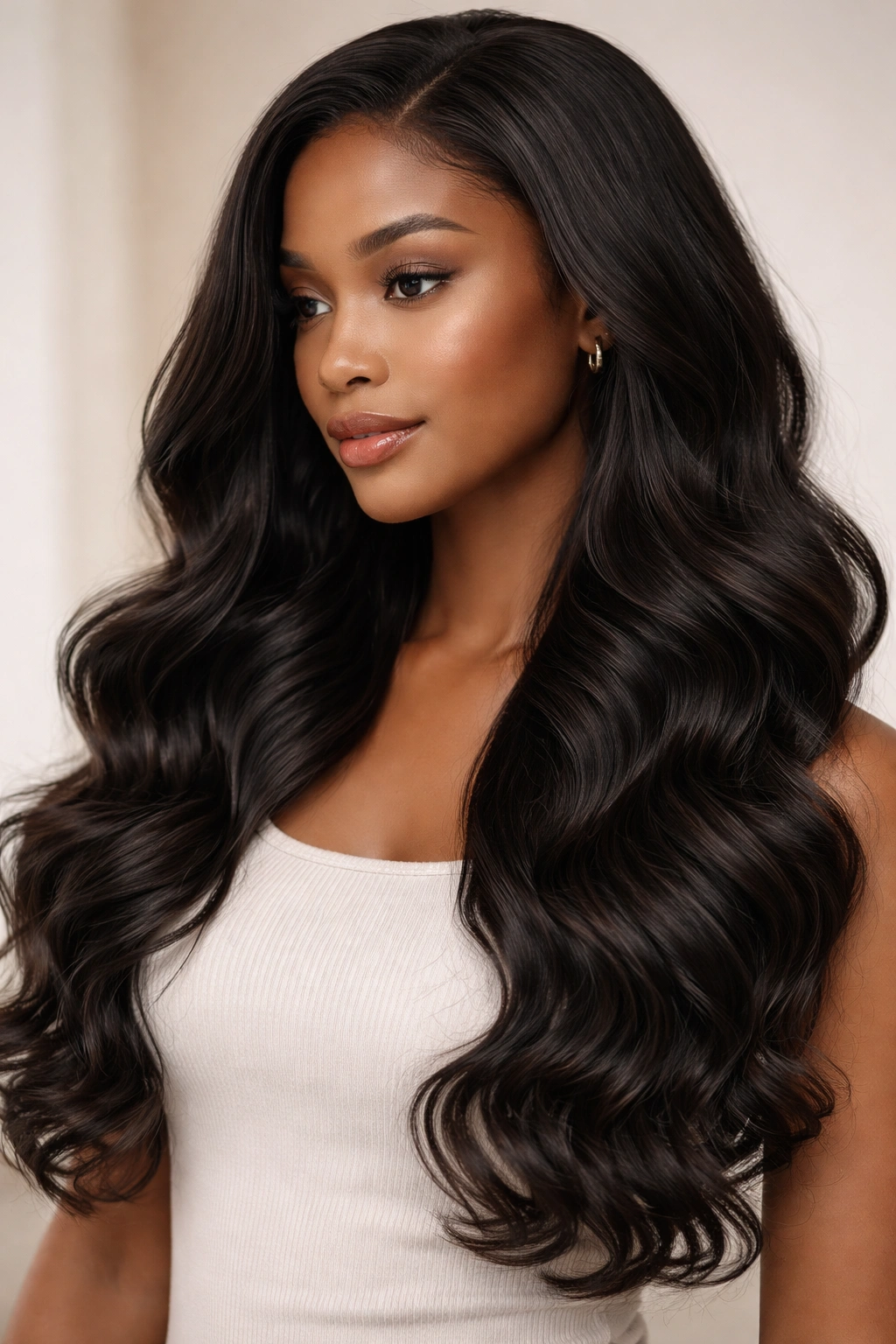 Close-up of body wave sew-in texture with soft, subtle waves and movement