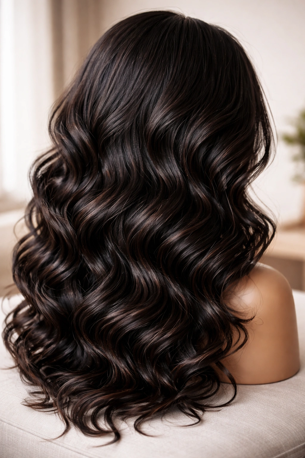 Close-up of body wave curly weave showing loose waves from root to tip on a head form