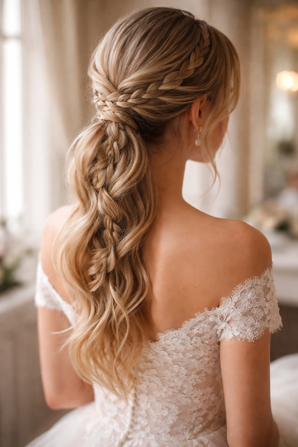 Close-up of a romantic low ponytail with looped braids on a bridal hairstyle