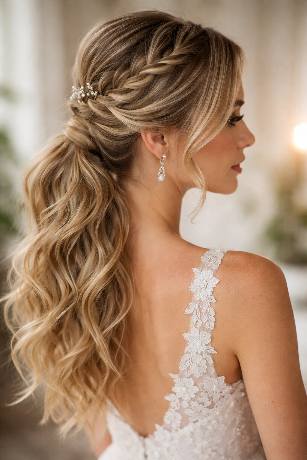 Side profile of a bride showing an elegant bohemian braid ponytail for wedding styling