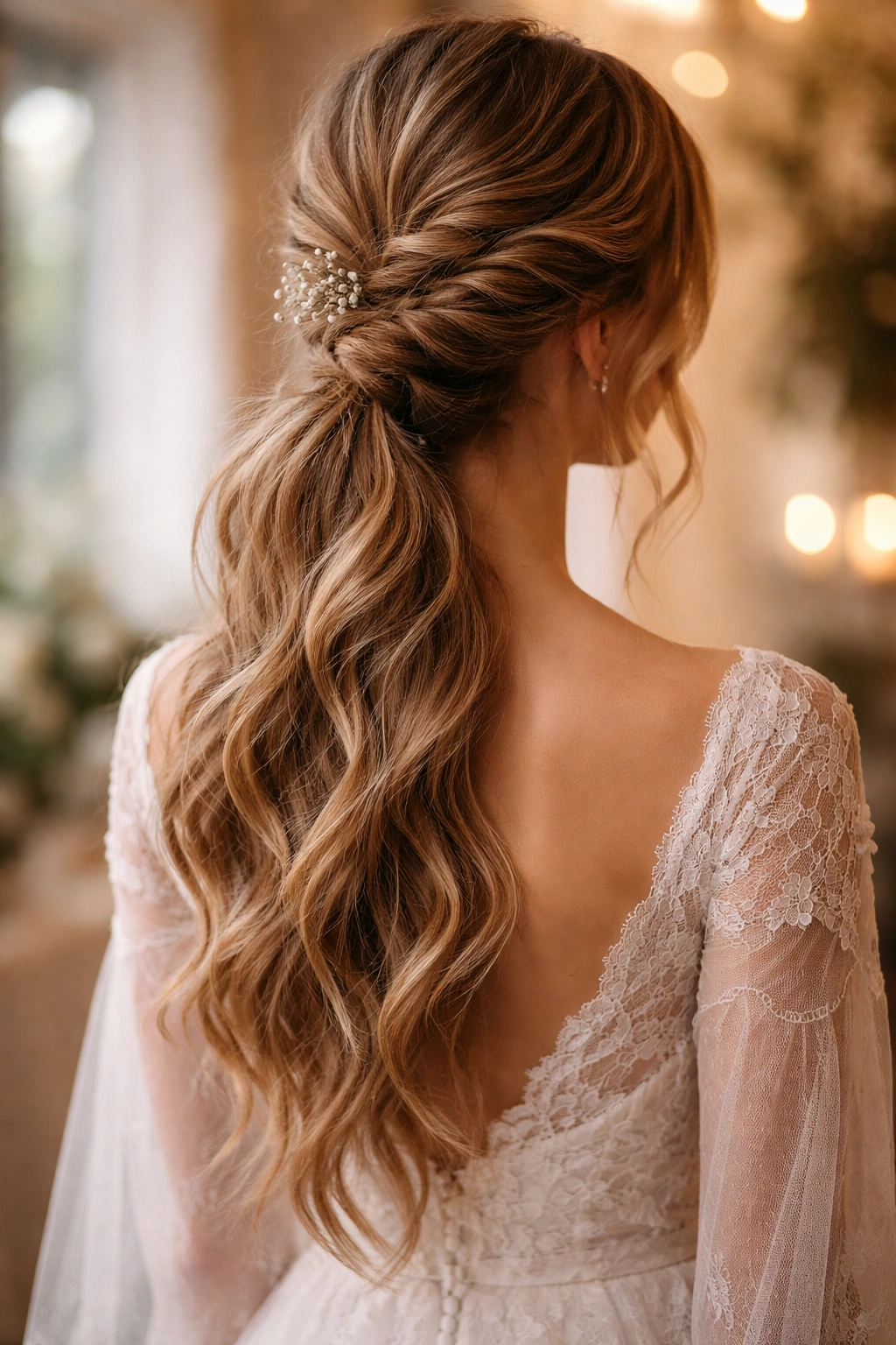 Finished bohemian braid ponytail on bride with textured loops