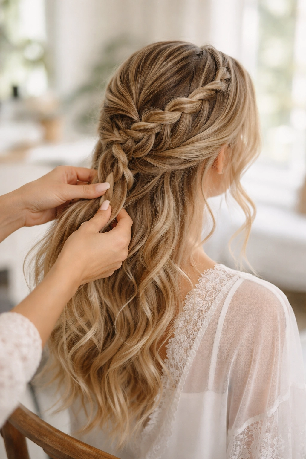 Hands braiding a Dutch braid with loose texture for bohemian bridal look