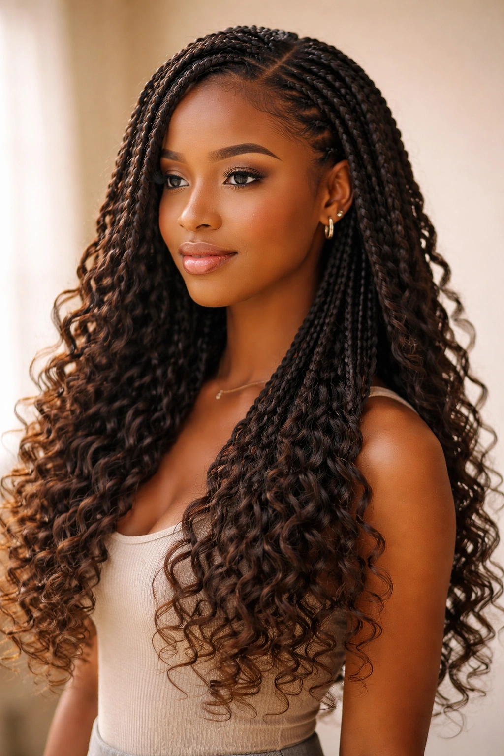 Head with bohemian braids featuring straight sections and curly ends in a soft studio setting