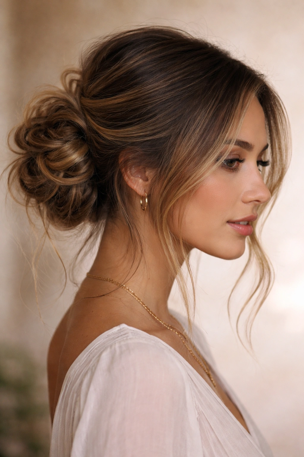 Close-up of bohemian looped messy bun with side-parted hair framing the face