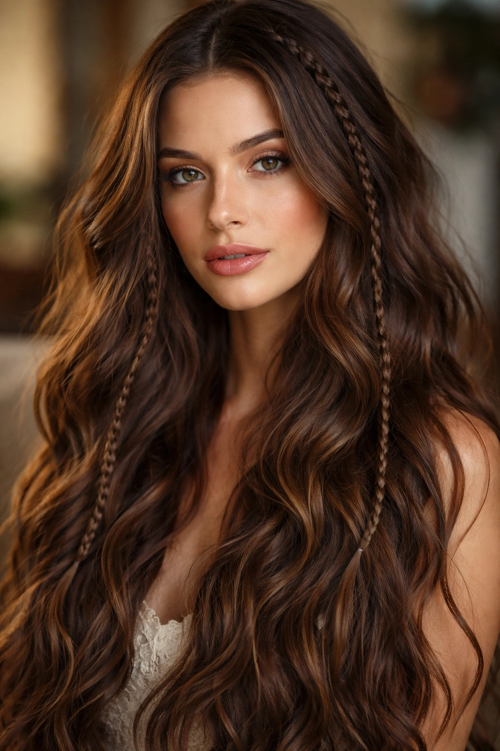 Brunette bohemian waves with subtle braided sections throughout