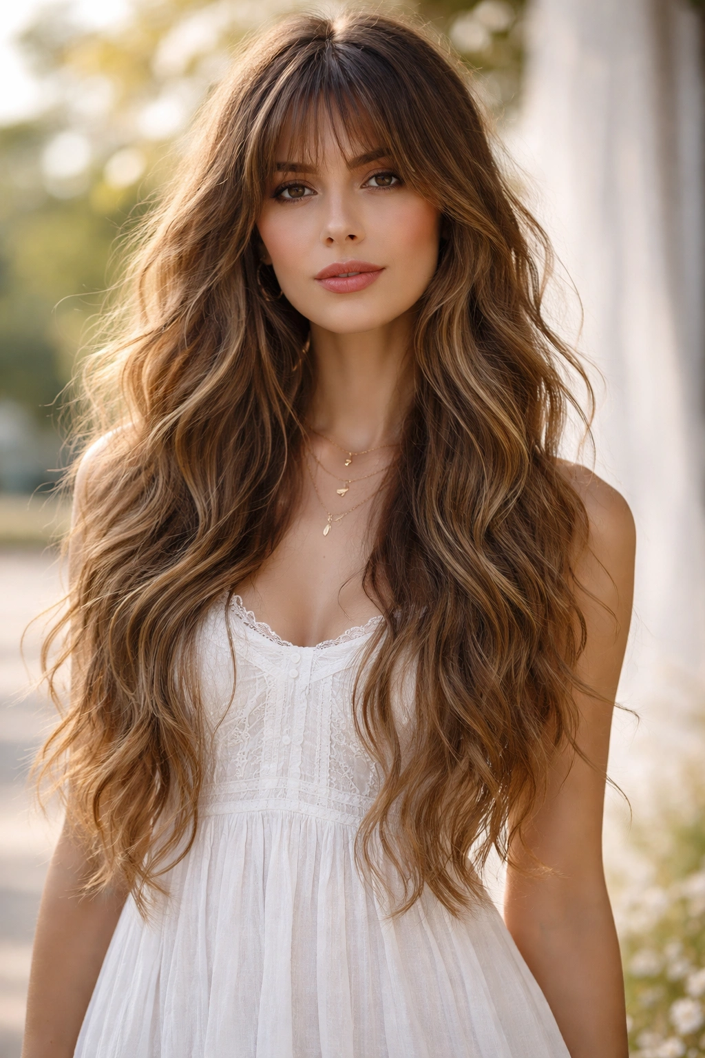 Romantic bohemian waves with wispy bangs in soft natural light