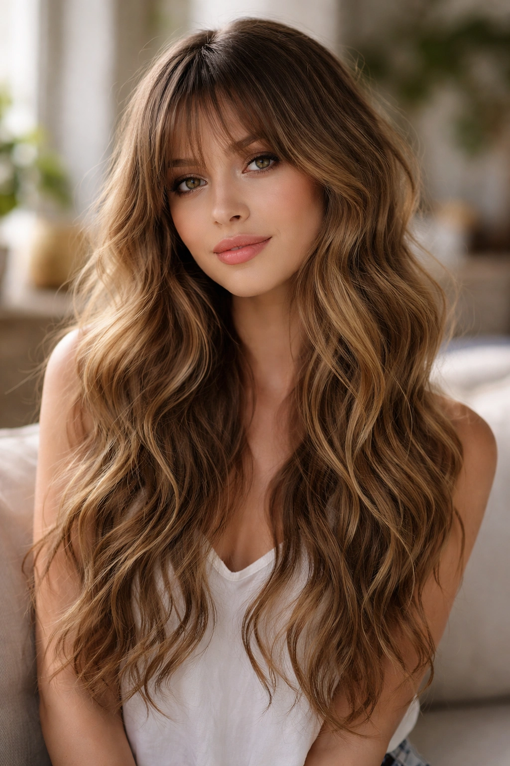 Soft bohemian waves with wispy bangs for a romantic, flowing look
