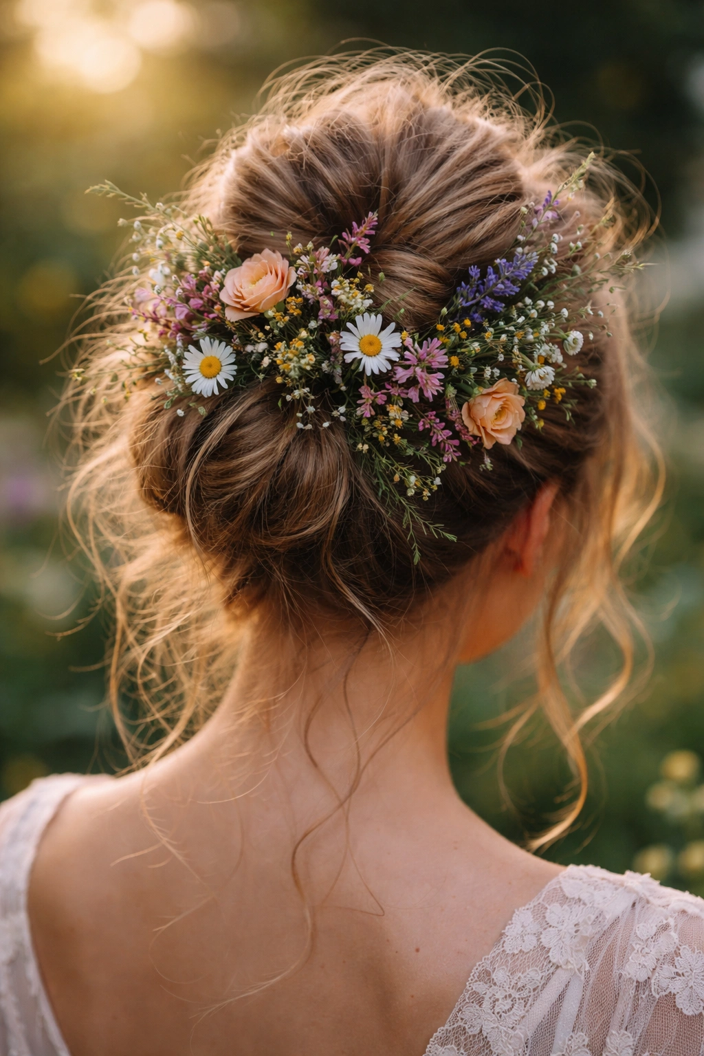 Bohemian wildflower garden bun with mixed blooms woven through