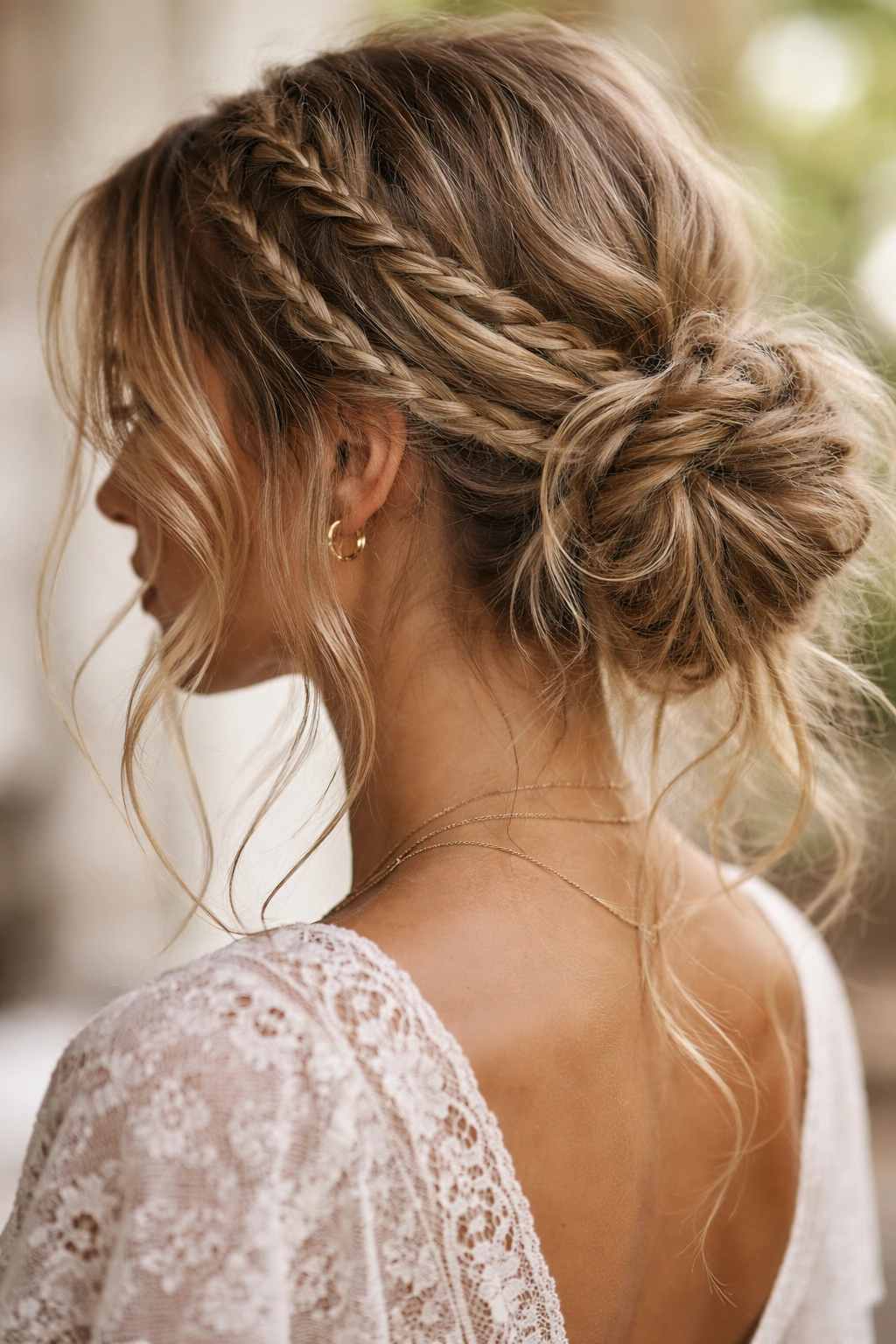 Boho style with thin braids and a low messy bun with wisps