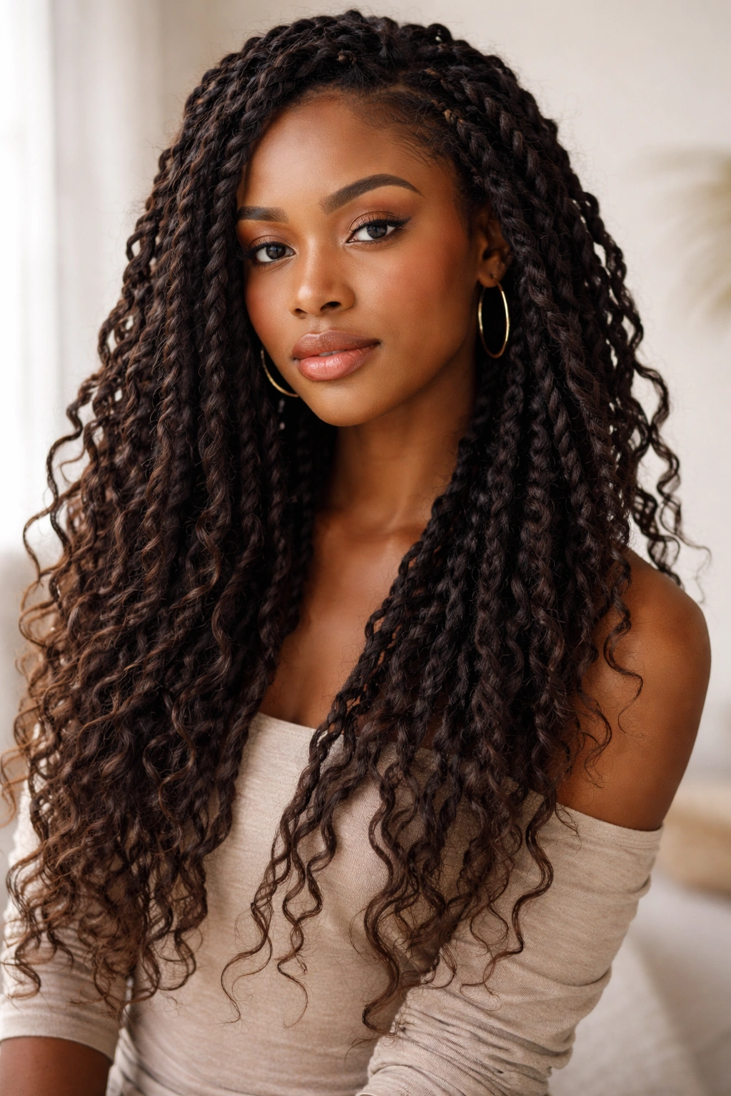 Soft, loose bulk twists with a boho vibe on a model's head