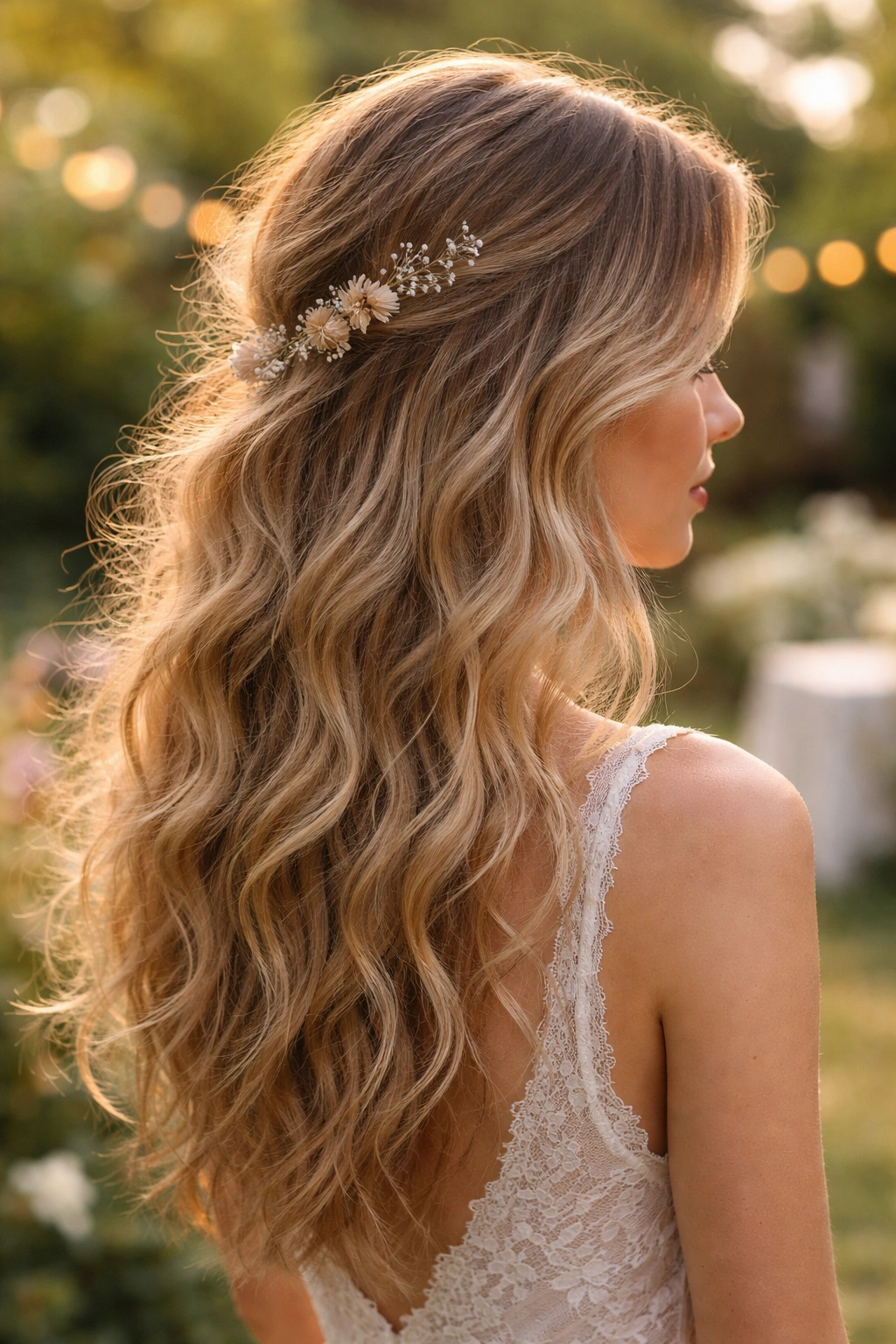 Three-quarter view of boho-inspired waves with soft undone texture