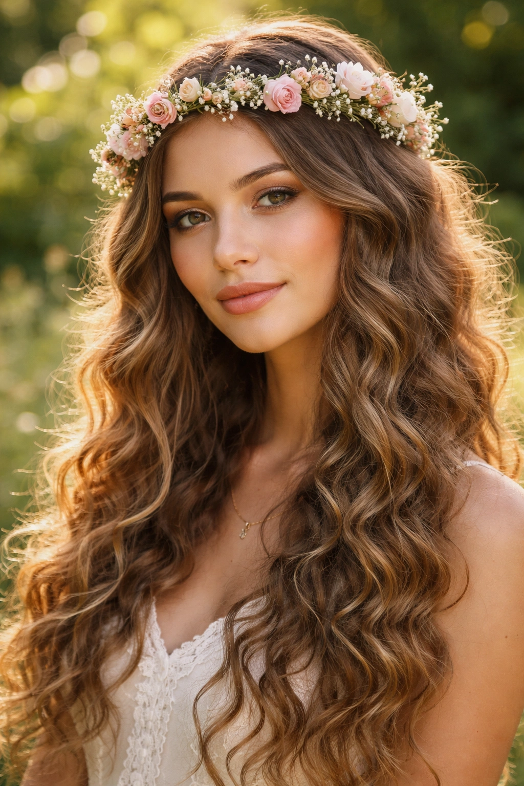 Close-up of loose boho waves with a flower crown in outdoor light