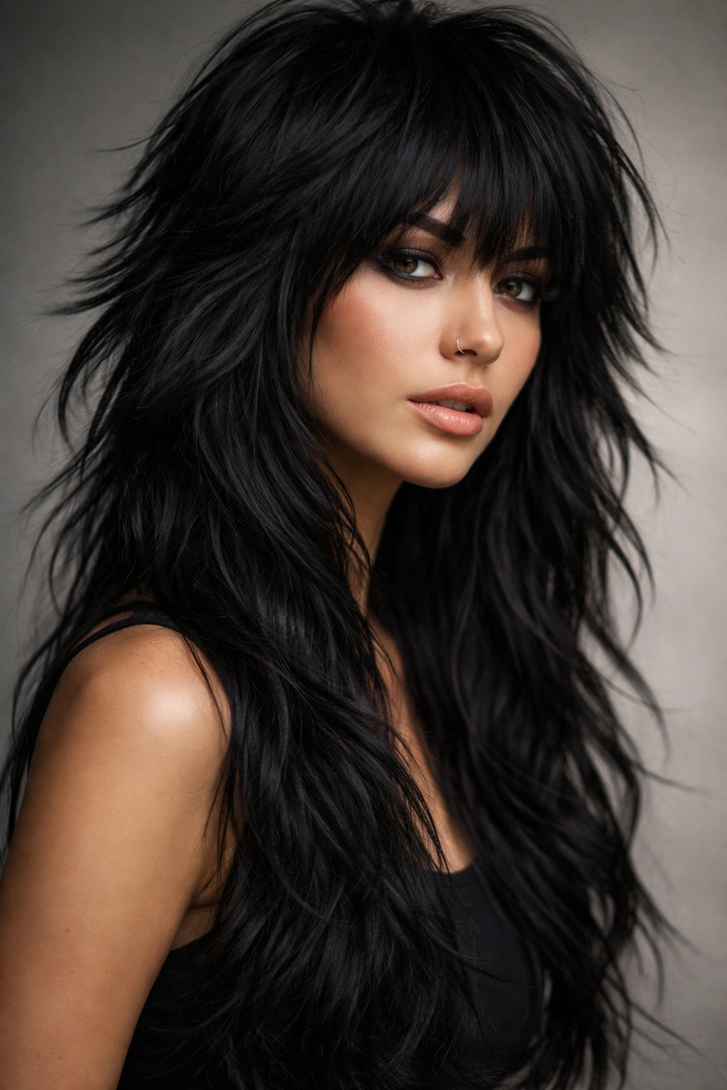 Close-up portrait featuring bold black long wolf cut with dramatic texture.