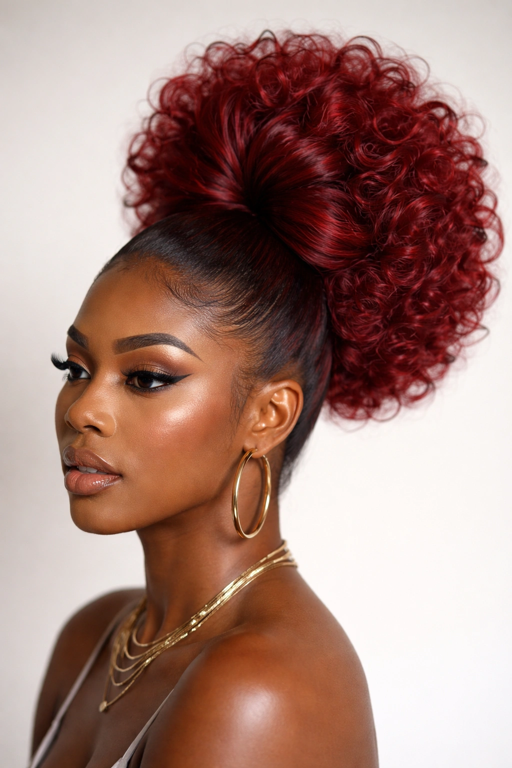 Bombshell red puff ponytail with dramatic crown volume