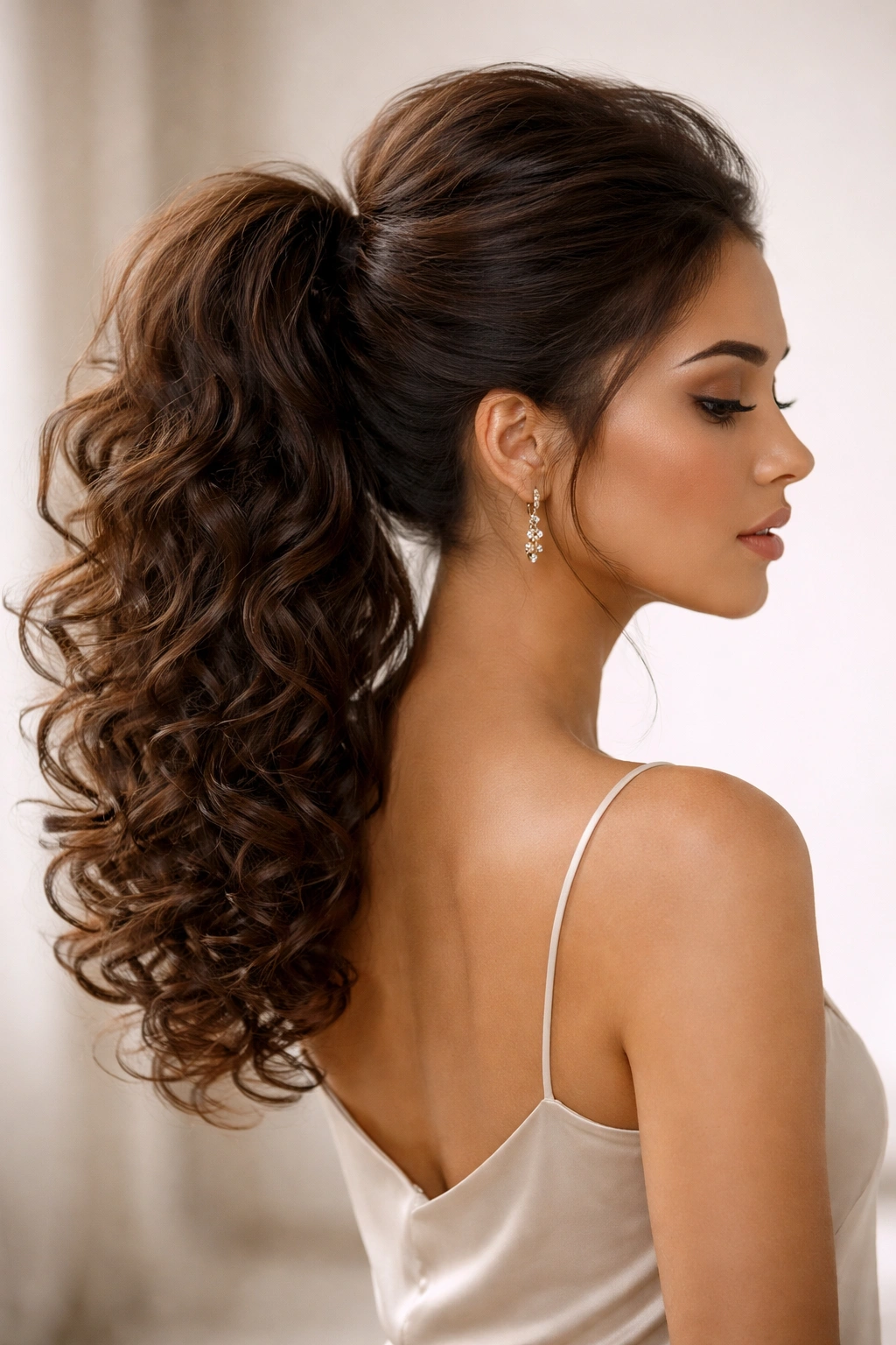 Bouffant crown volume with a low ponytail for dramatic silhouette