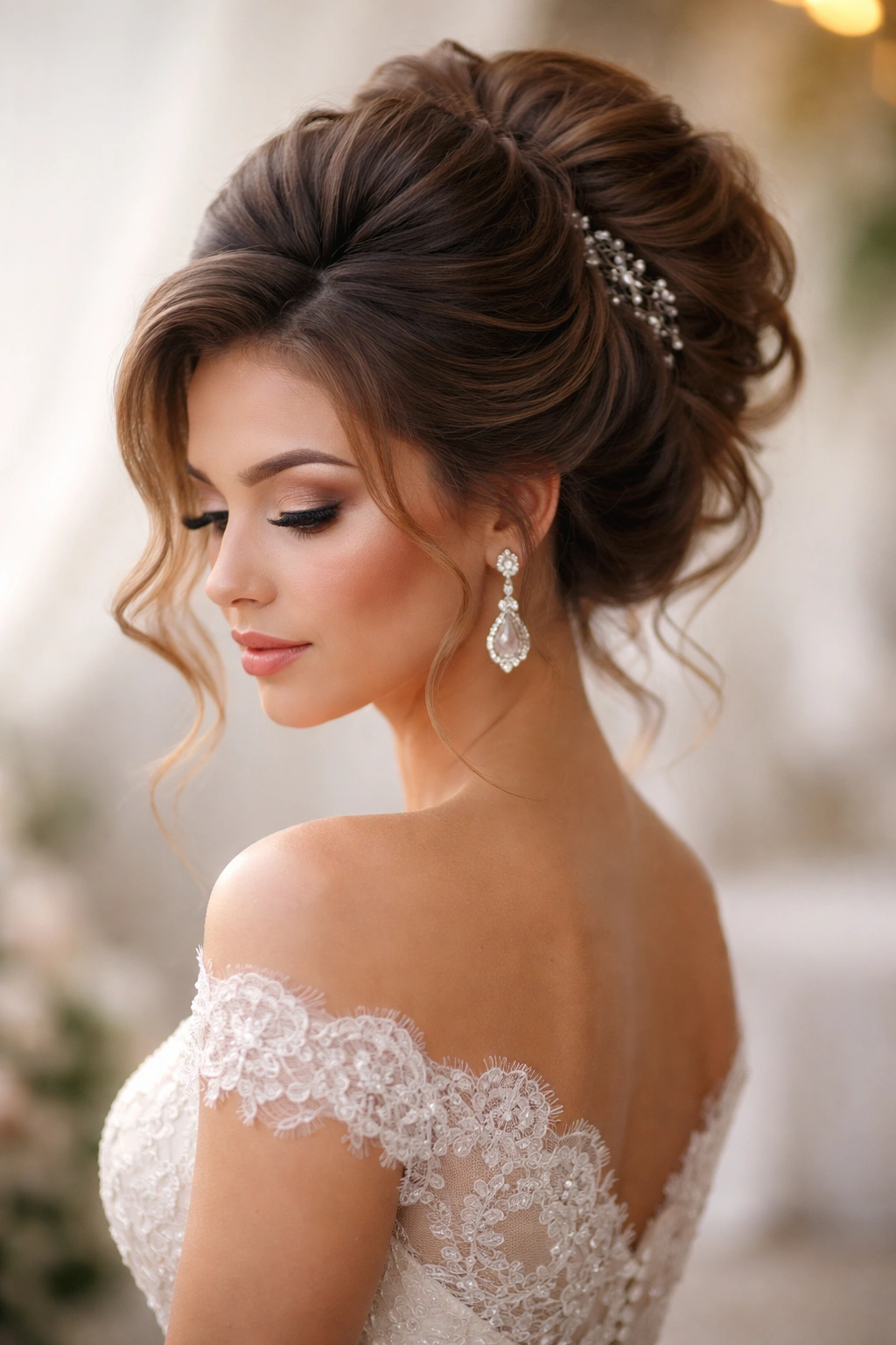 Bouffant wavy updo with voluminous crown and waves