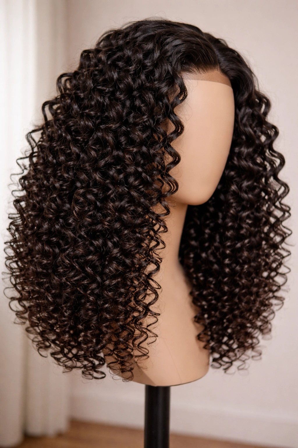 Close-up of bouncy ringlet curly weave on a mannequin head with defined spiral curls