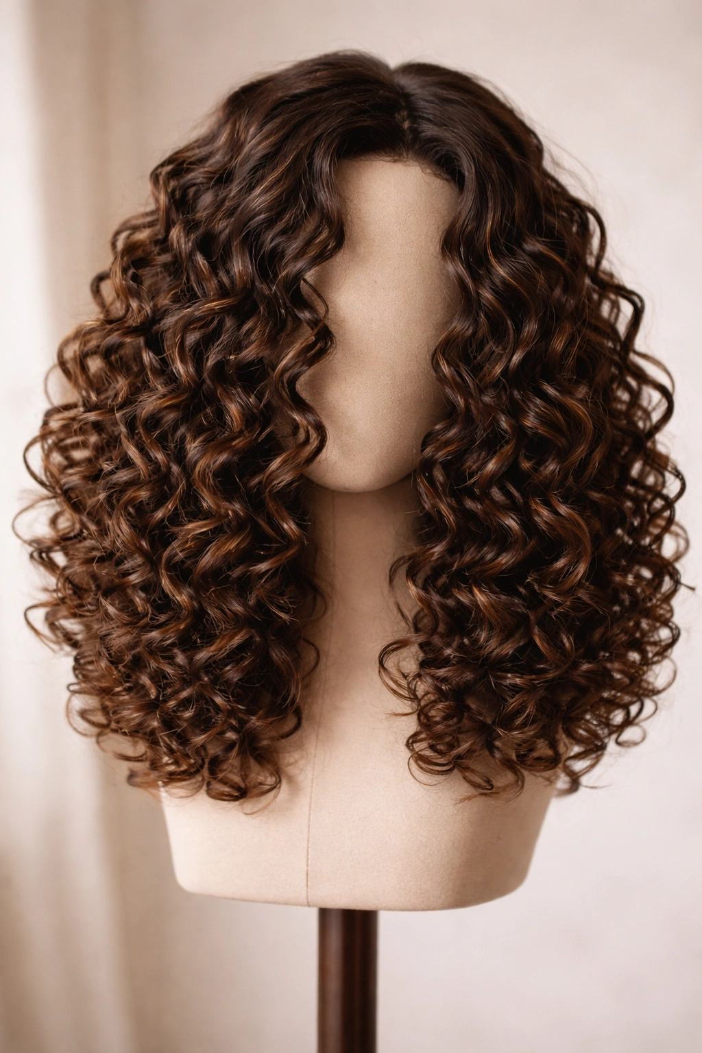 Close-up of bouncy ringlets wig with elastic, well-defined curls.