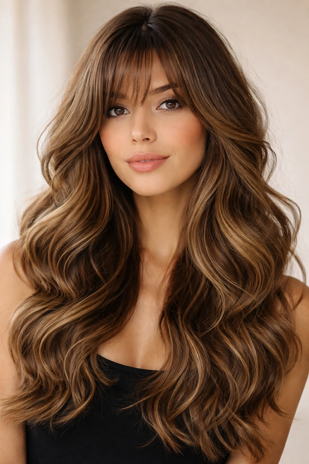 Close shot of bouncy waves with peek-a-boo bangs showing depth and playful layering
