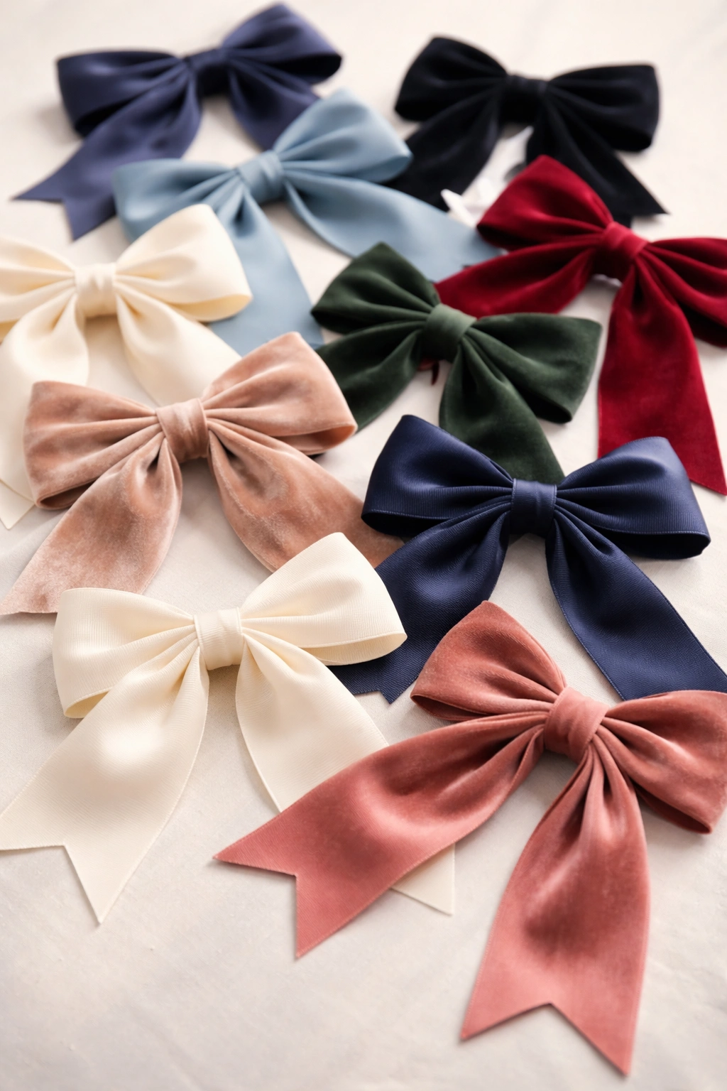 Collection of bows in different materials on a plain background