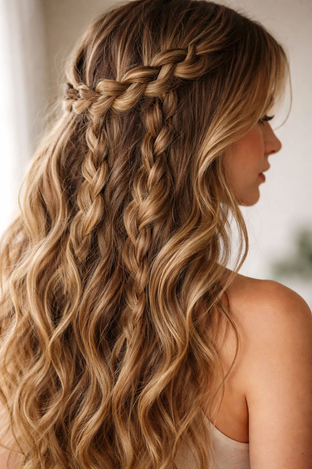 Close-up of loose chunky box braid-inspired waves in wavy hair